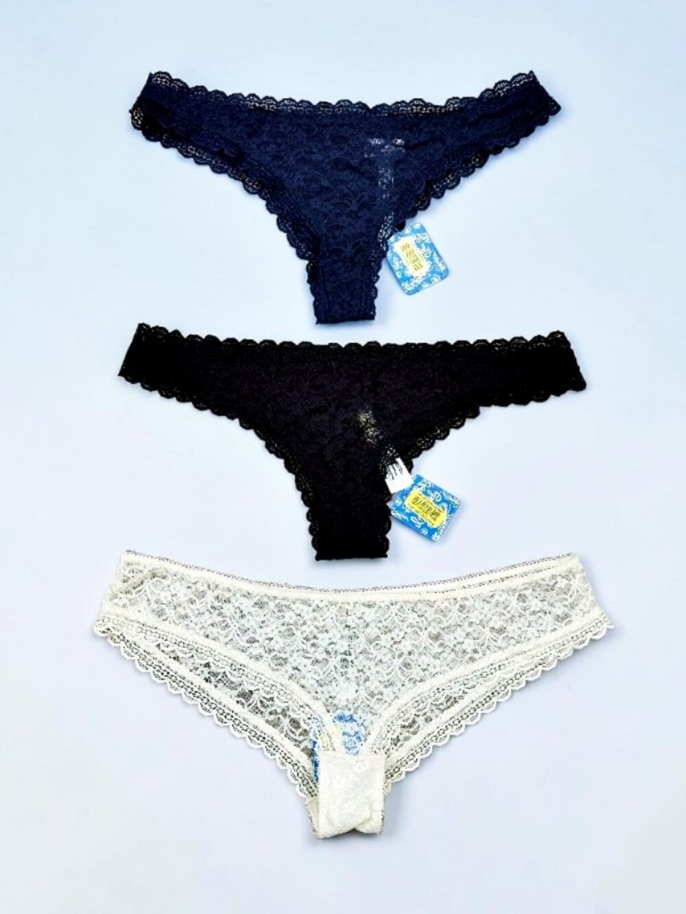 NWT Intimately Free People Lot of 3 Lace Thongs Bikini Panty L Black Navy Ivory